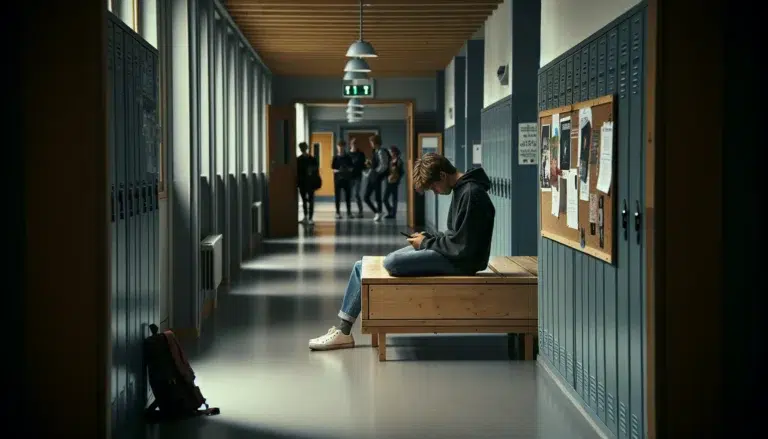 Anxious norwegian teen alone in a school corridor with bullying messages on phone