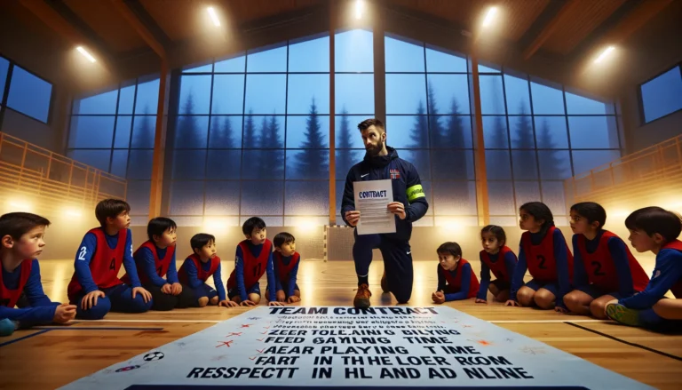 Coach and children sign anti bullying team contract in a norwegian sports hall