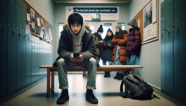 Isolated norwegian student in corridor facing bullying and skipping school