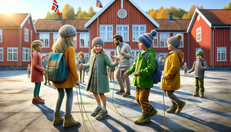 Norwegian first graders invite a shy classmate to join jump rope on day one