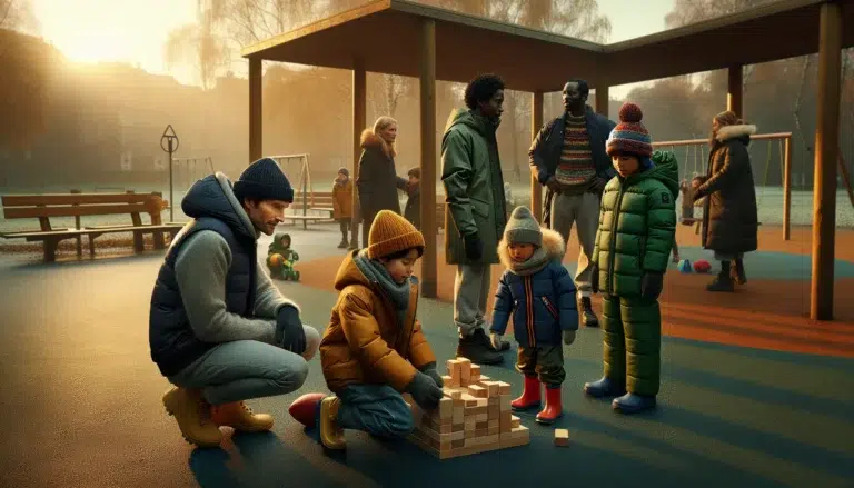 Norwegian parent coaches child at playground while kids play share and include