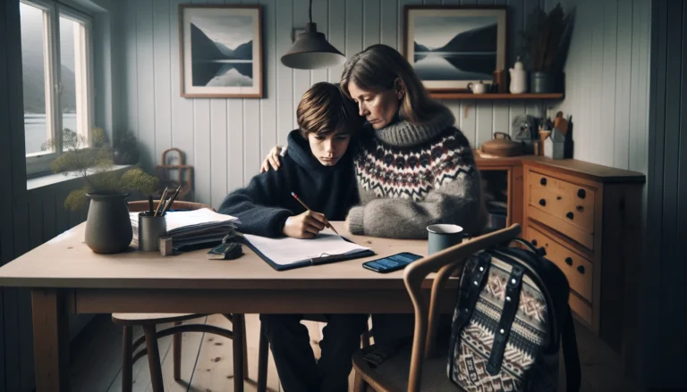 Norwegian parent gently supports anxious child at kitchen table in winter light