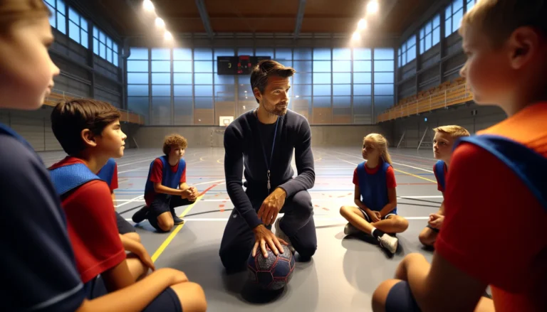 Norwegian youth team huddle with coach under values poster and qr code