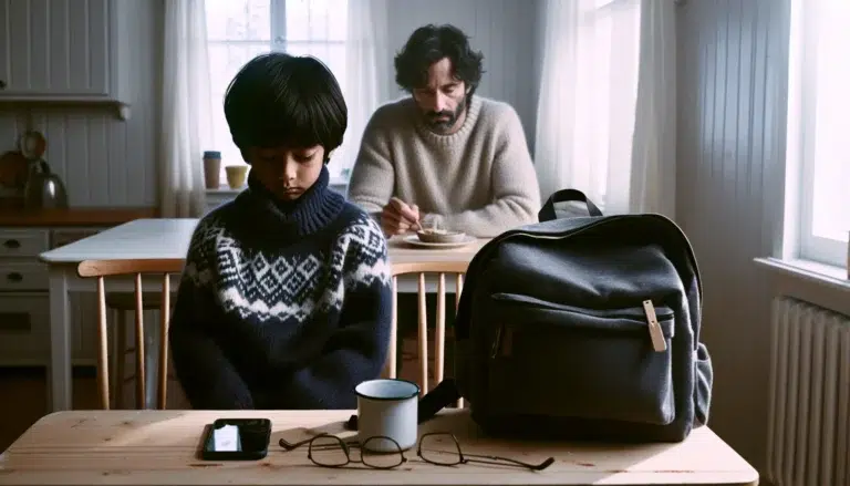 Parent notices withdrawn child at norwegian breakfast table with scuffed backpack and silent phone