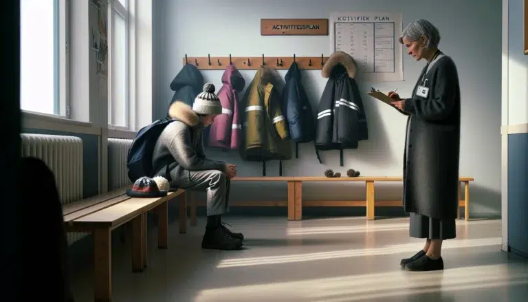 Teacher supports anxious norwegian student with action plan in school hallway